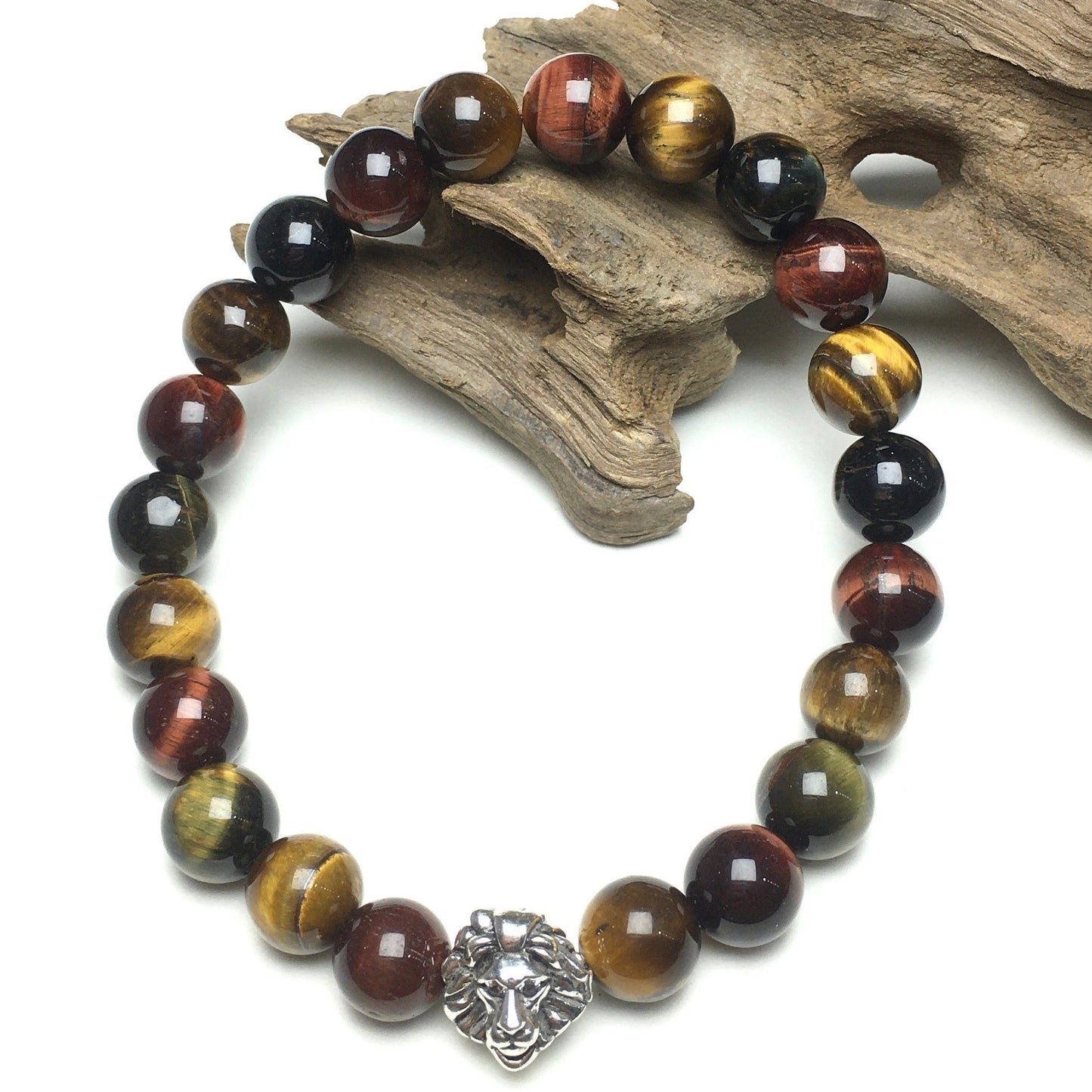 Natural Colorful Tiger Eyes Beaded Bracelet Elastic Adjustable Gemstone Bracelet Lion Style
