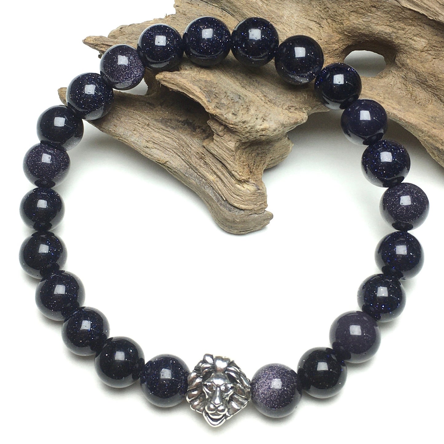 Blue Sandstone Beaded Bracelet Elastic Adjustable Gemstone Bracelet Lion Style