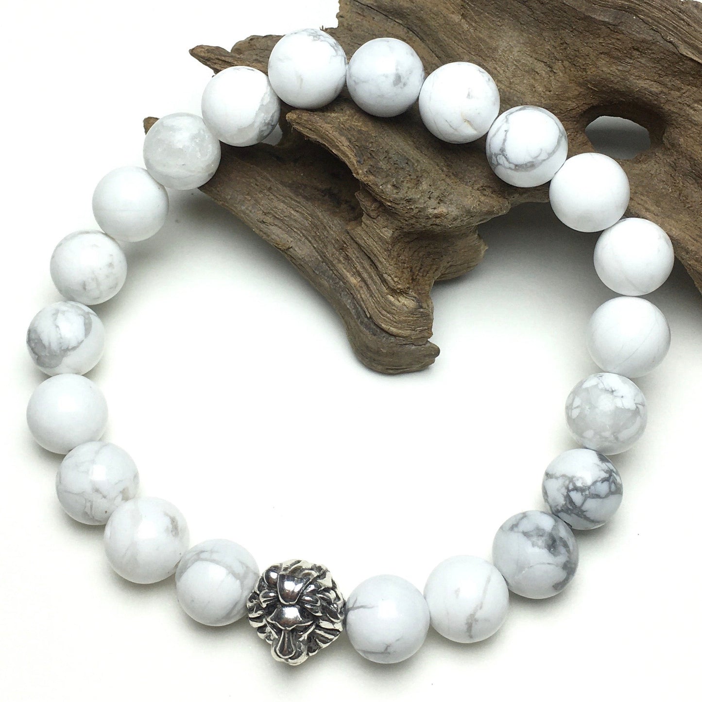 Natural Howlite Beaded Bracelet Elastic Adjustable Gemstone Bracelet Lion Style