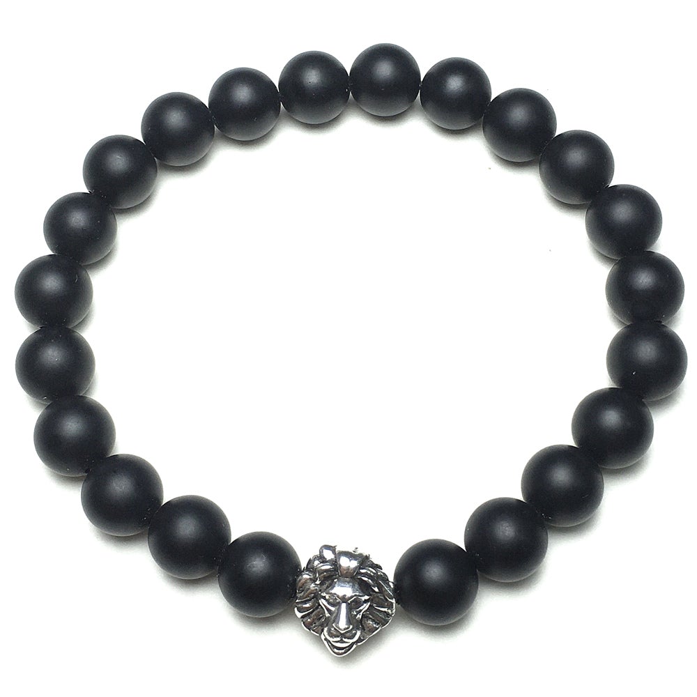 Natural Matte Onyx Beaded Bracelet Elastic Adjustable Gemstone Bracelet Lion Style