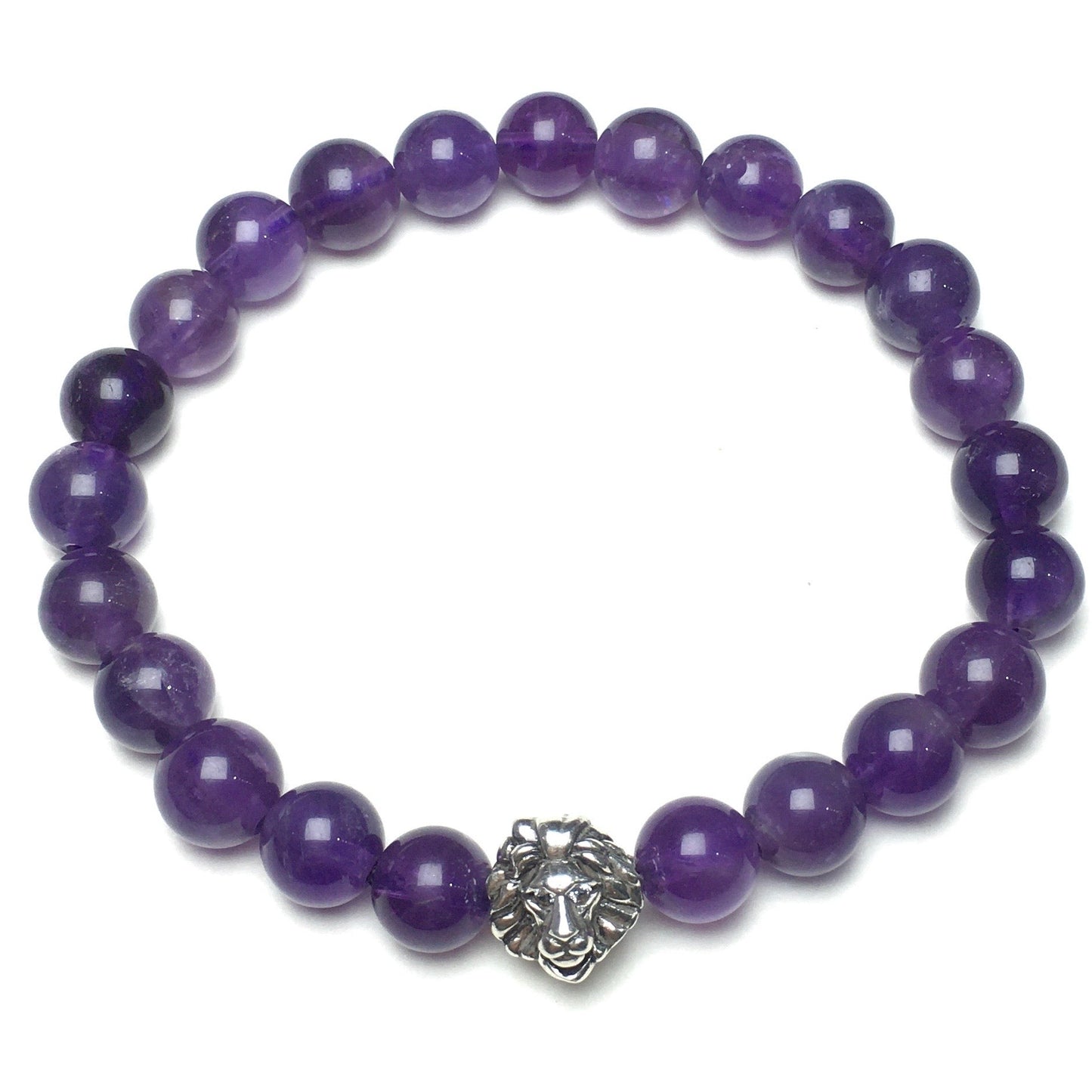 Natural Amethyst Beaded Bracelet Elastic Adjustable Gemstone Bracelet Lion Style