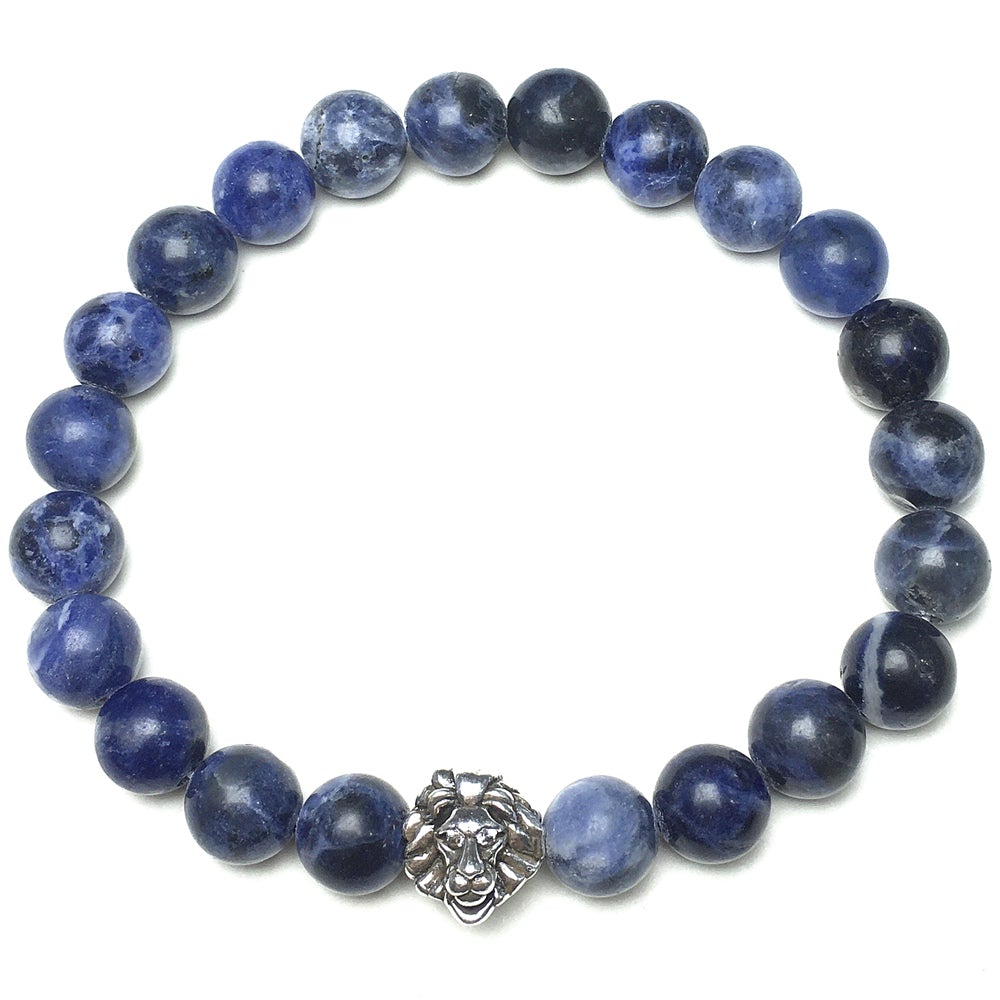 Natural Blue Sodalite Beaded Bracelet Elastic Adjustable Gemstone Bracelet Lion Style