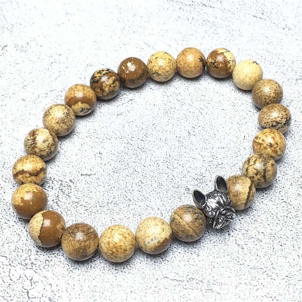 Natural Picture Jasper Beaded Bracelet Jewelry French Bulldog Bracelet For Men Women