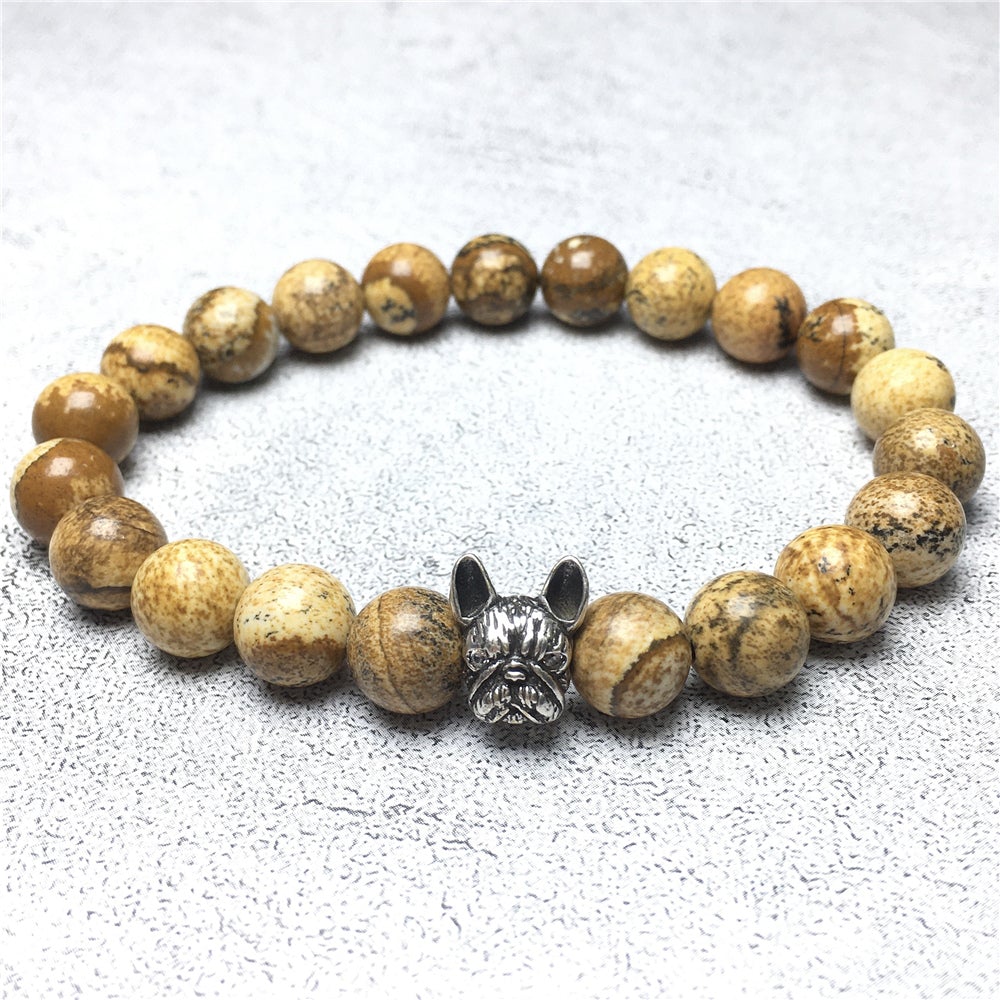 Natural Picture Jasper Beaded Bracelet Jewelry French Bulldog Bracelet For Men Women