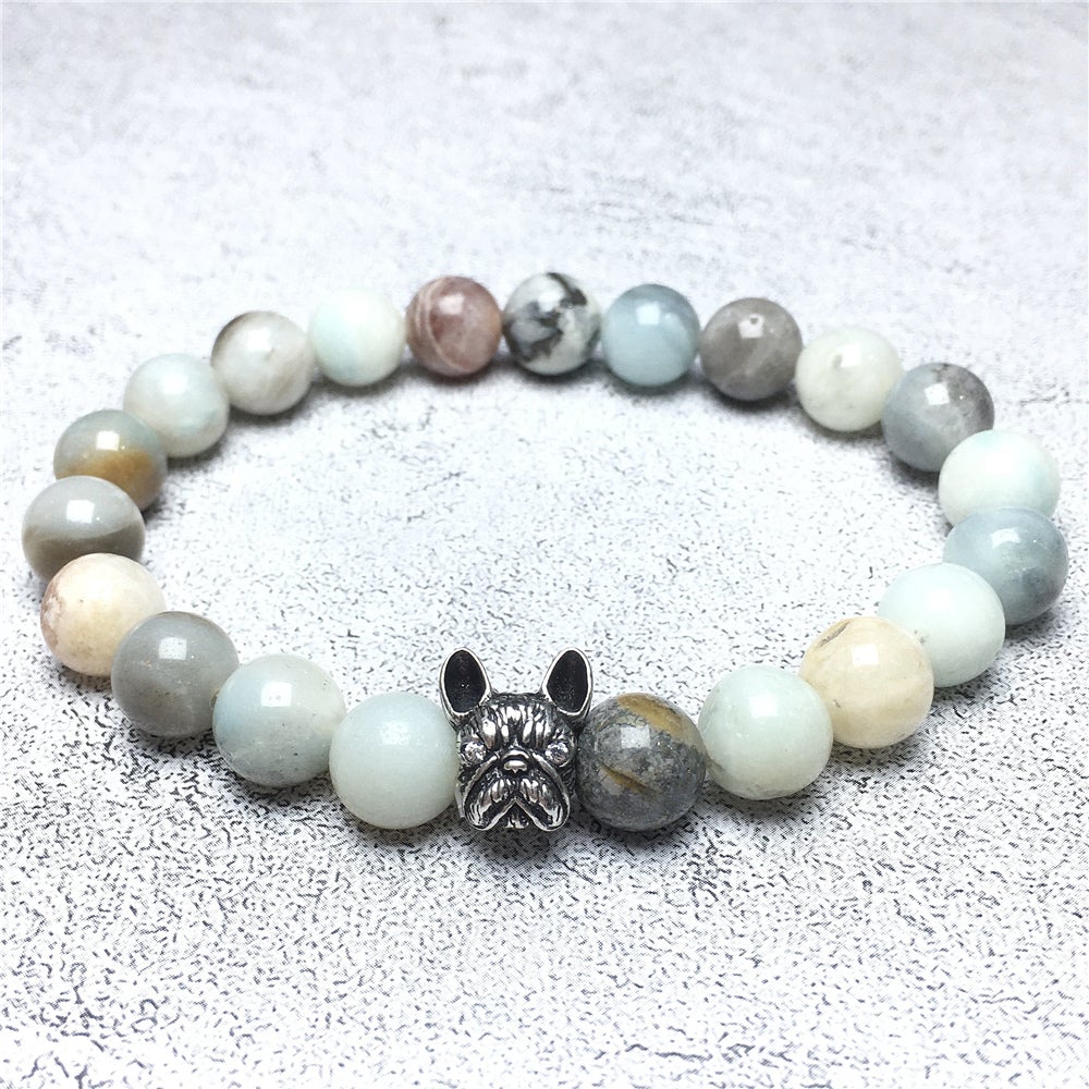 French Bulldog Bracelet For Men Women Natural Amazonite Gemstone Beaded Jewelry