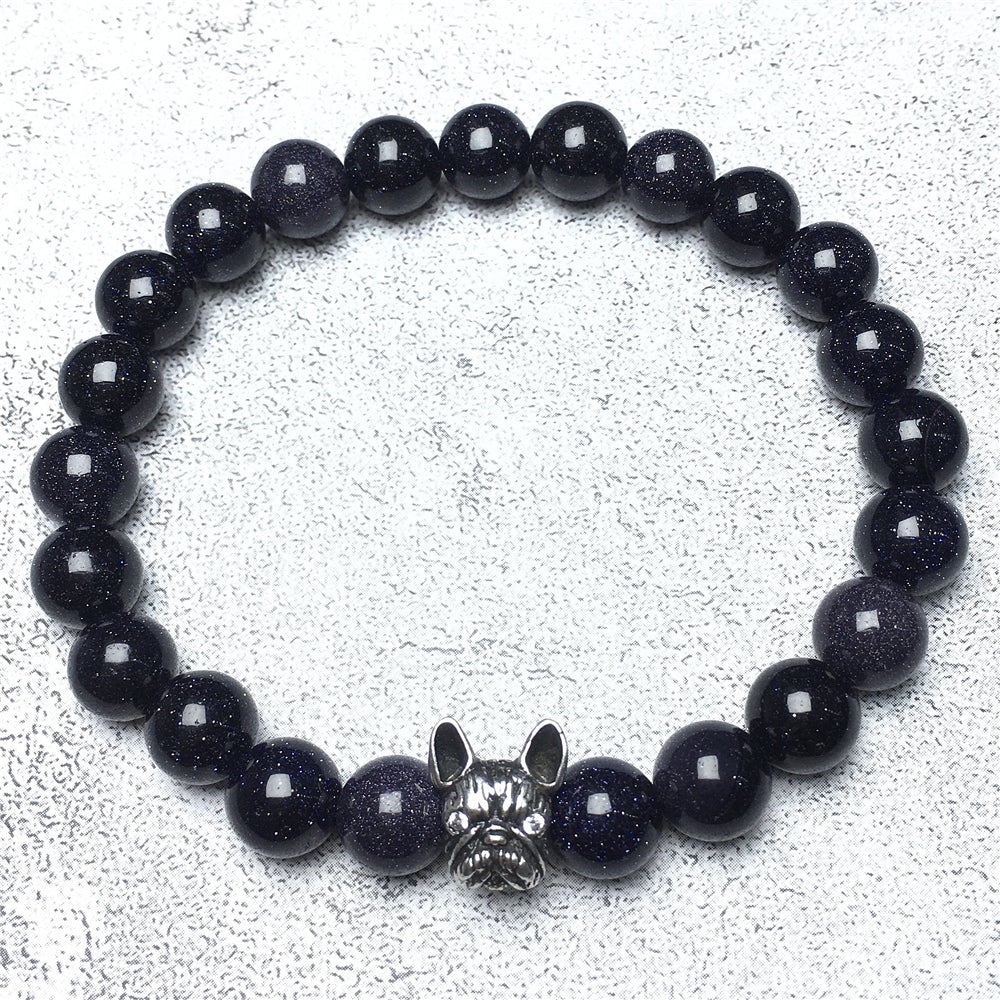 Natural Blue Sandstone Beaded Bracelet Jewelry French Bulldog Bracelet For Men Women
