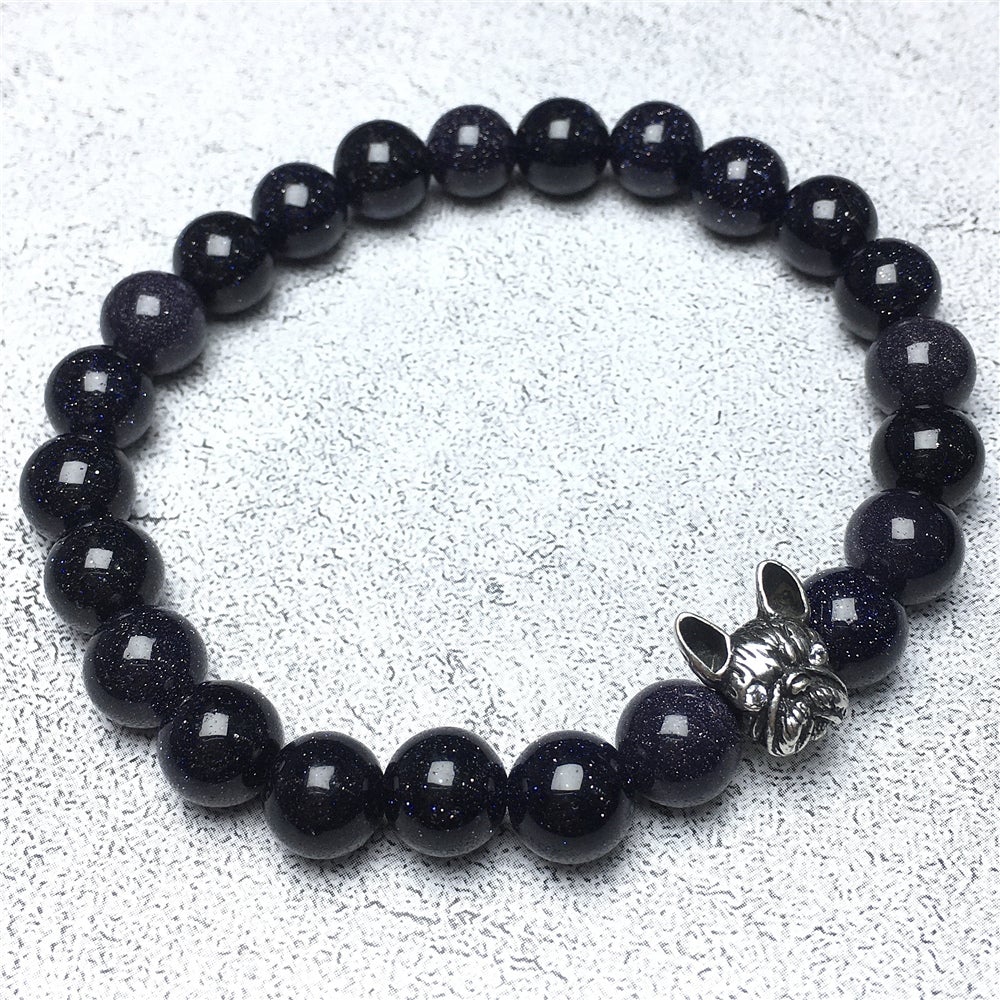 Natural Blue Sandstone Beaded Bracelet Jewelry French Bulldog Bracelet For Men Women