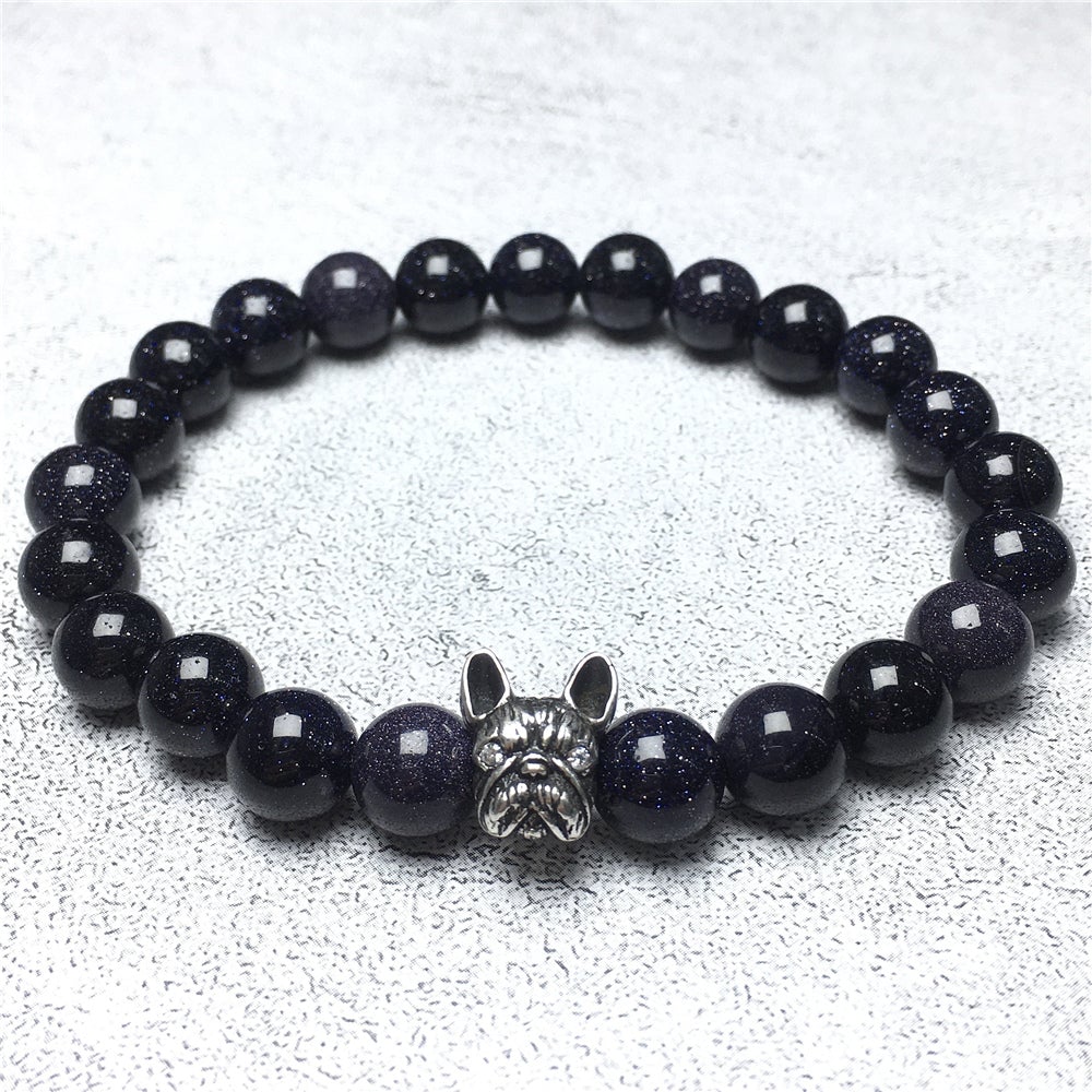 Natural Blue Sandstone Beaded Bracelet Jewelry French Bulldog Bracelet For Men Women