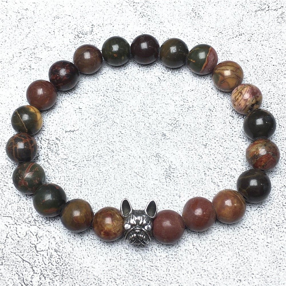 Natural Picasso Jasper Beaded Bracelet Jewelry French Bulldog Bracelet For Men Women