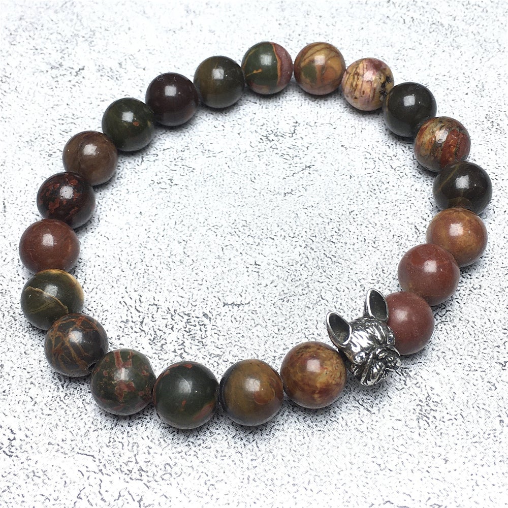 Natural Picasso Jasper Beaded Bracelet Jewelry French Bulldog Bracelet For Men Women
