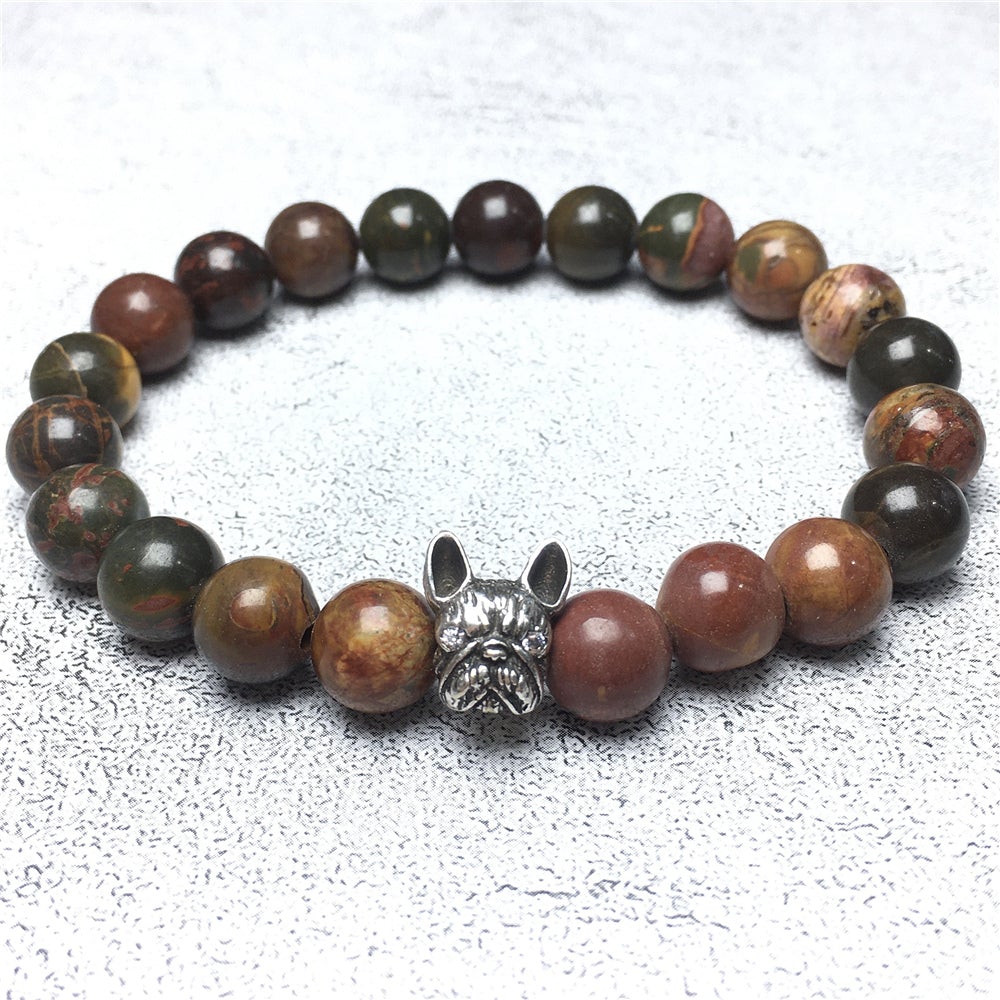 Natural Picasso Jasper Beaded Bracelet Jewelry French Bulldog Bracelet For Men Women