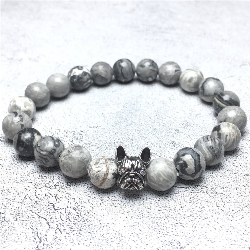 Cute French Bulldog Bracelet For Men Women Natural Map Stone Beaded Jewelry