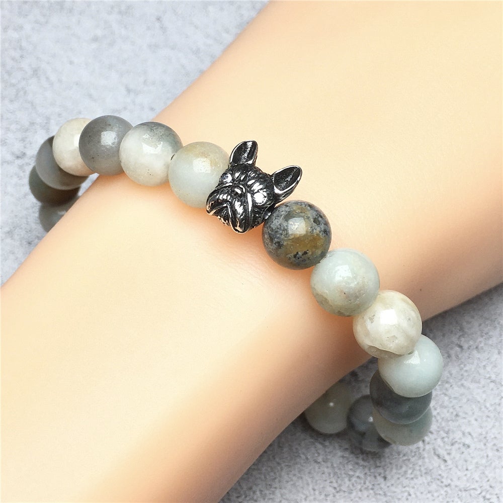 French Bulldog Bracelet For Men Women Natural Amazonite Gemstone Beaded Jewelry