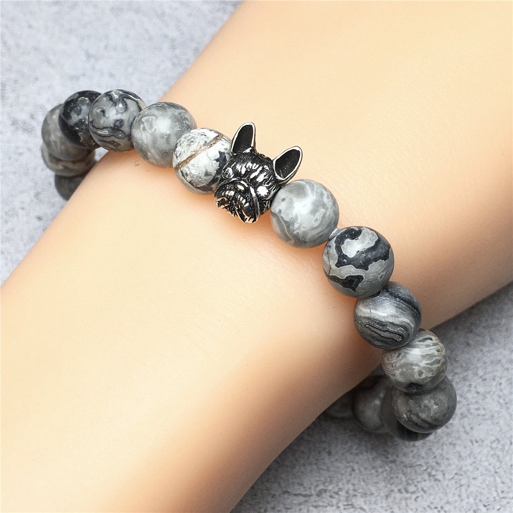 Cute French Bulldog Bracelet For Men Women Natural Map Stone Beaded Jewelry