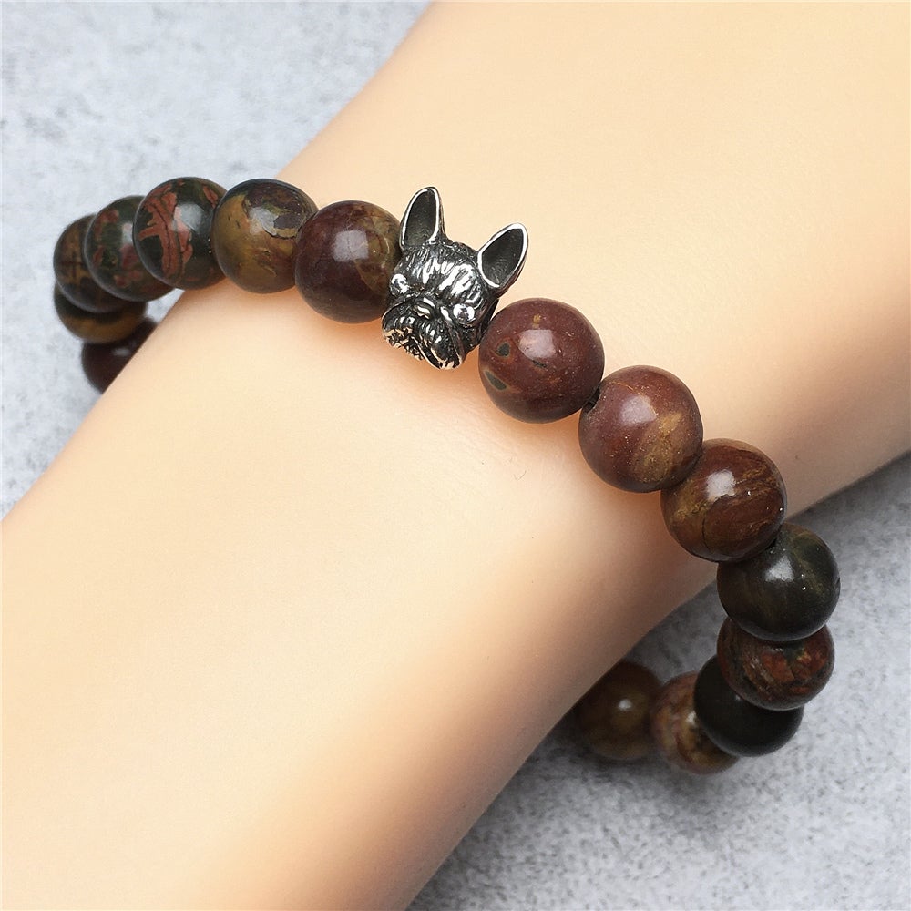 Natural Picasso Jasper Beaded Bracelet Jewelry French Bulldog Bracelet For Men Women