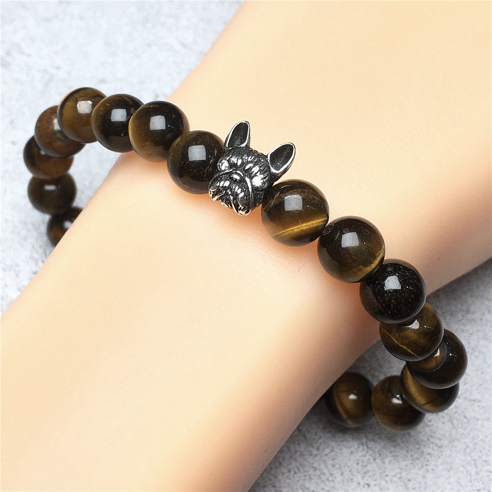 Natural Tiger Eyes Beaded Bracelet Jewelry French Bulldog Bracelet For Men Women