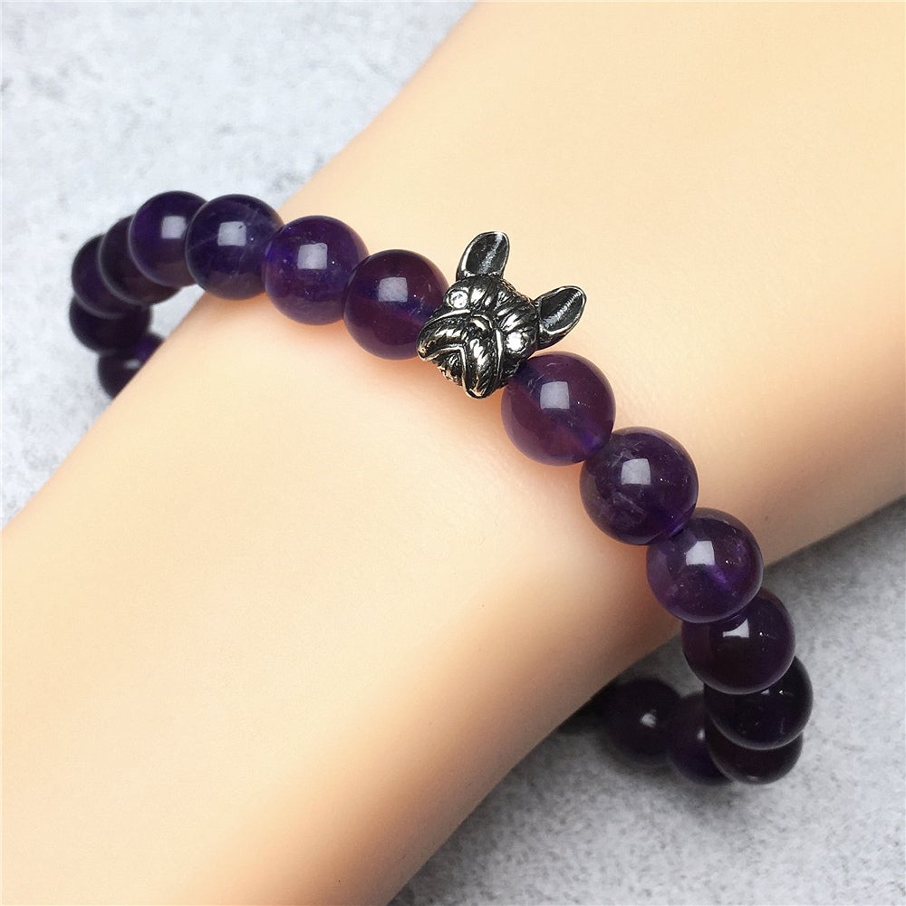 Natural Amethyst Beaded Bracelet Jewelry French Bulldog Bracelet For Men Women