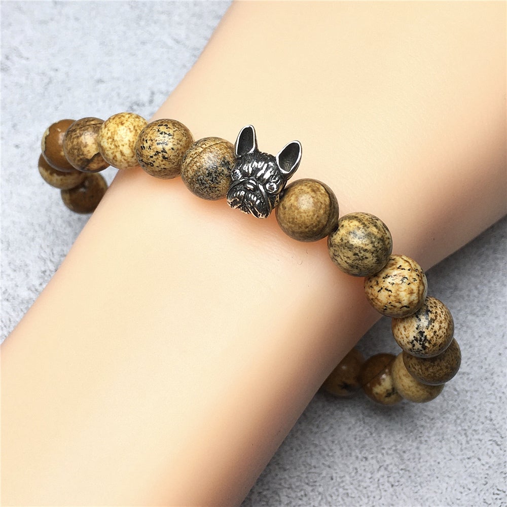 Natural Picture Jasper Beaded Bracelet Jewelry French Bulldog Bracelet For Men Women