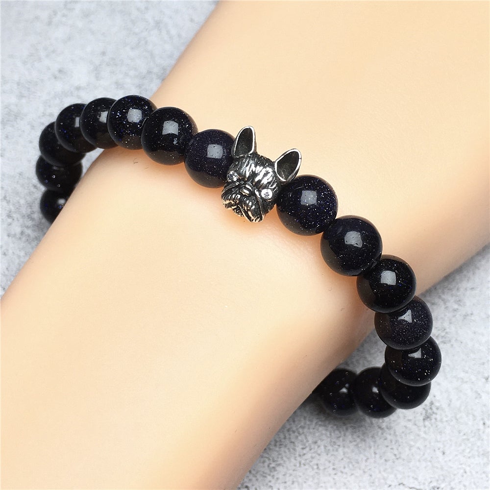 Natural Blue Sandstone Beaded Bracelet Jewelry French Bulldog Bracelet For Men Women