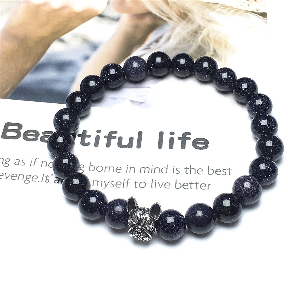 Natural Blue Sandstone Beaded Bracelet Jewelry French Bulldog Bracelet For Men Women