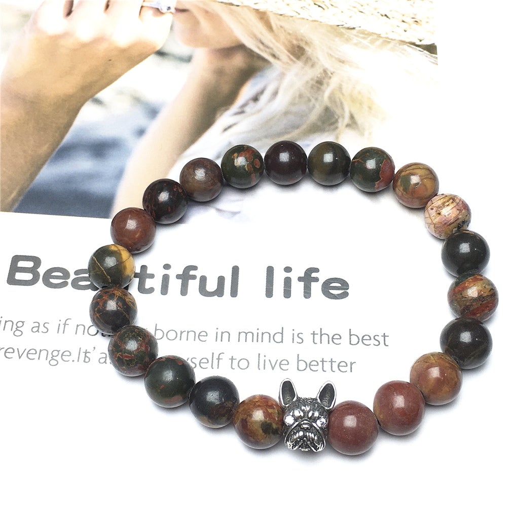 Natural Picasso Jasper Beaded Bracelet Jewelry French Bulldog Bracelet For Men Women