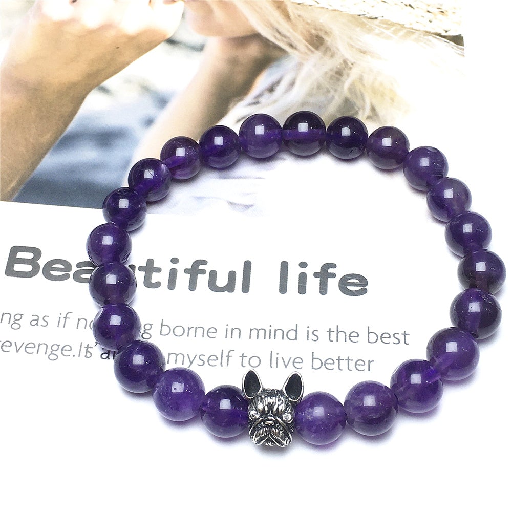 Natural Amethyst Beaded Bracelet Jewelry French Bulldog Bracelet For Men Women