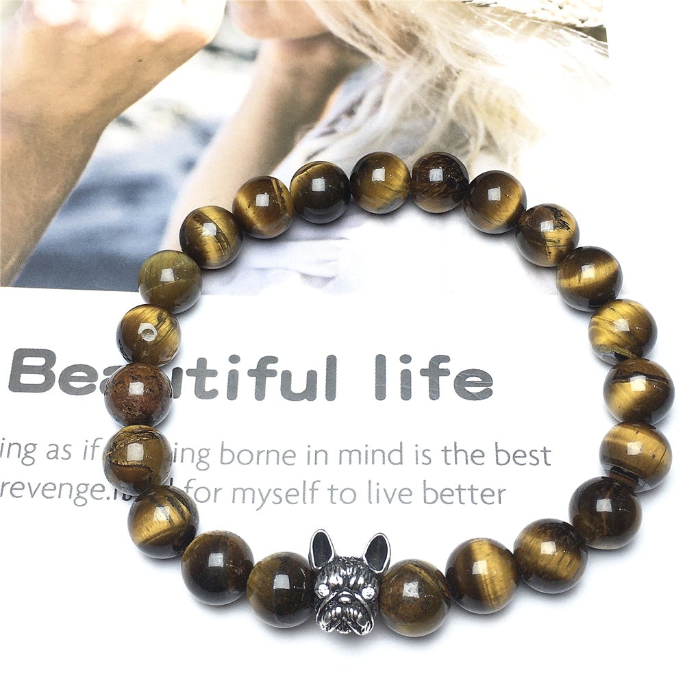 Natural Tiger Eyes Beaded Bracelet Jewelry French Bulldog Bracelet For Men Women