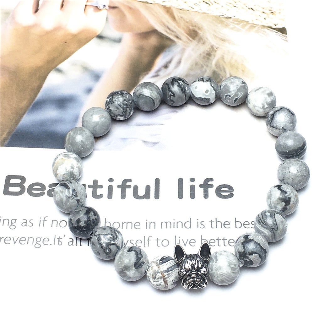 Cute French Bulldog Bracelet For Men Women Natural Map Stone Beaded Jewelry