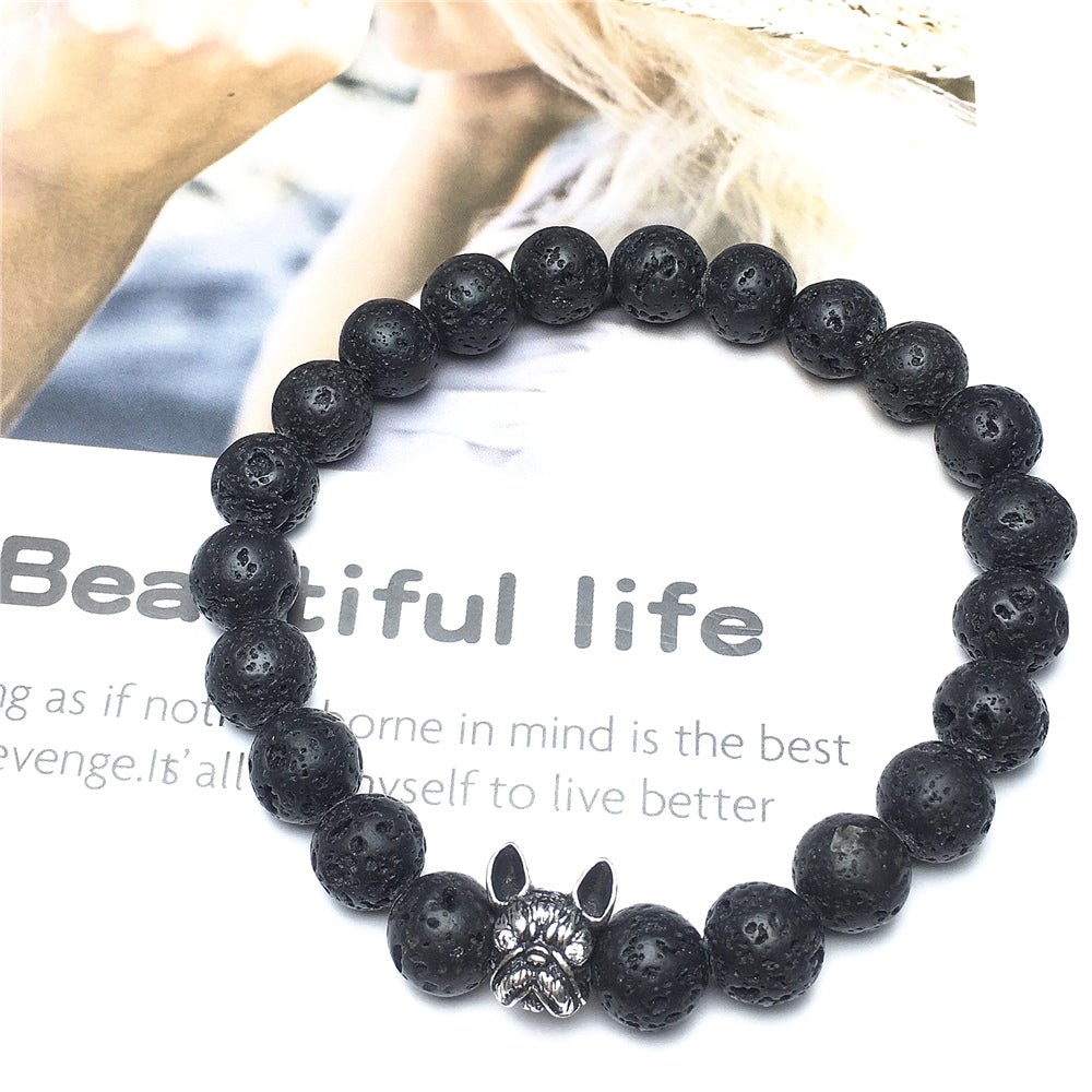 Natural Lava Stone Beaded Bracelet Jewelry French Bulldog Bracelet For Men Women