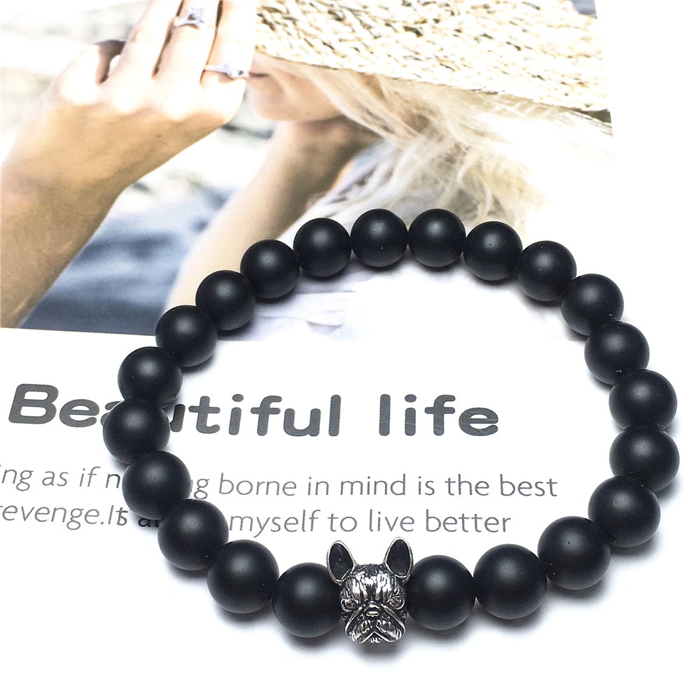 Natural Matte Onyx Beaded Bracelet Jewelry French Bulldog Bracelet For Men Women