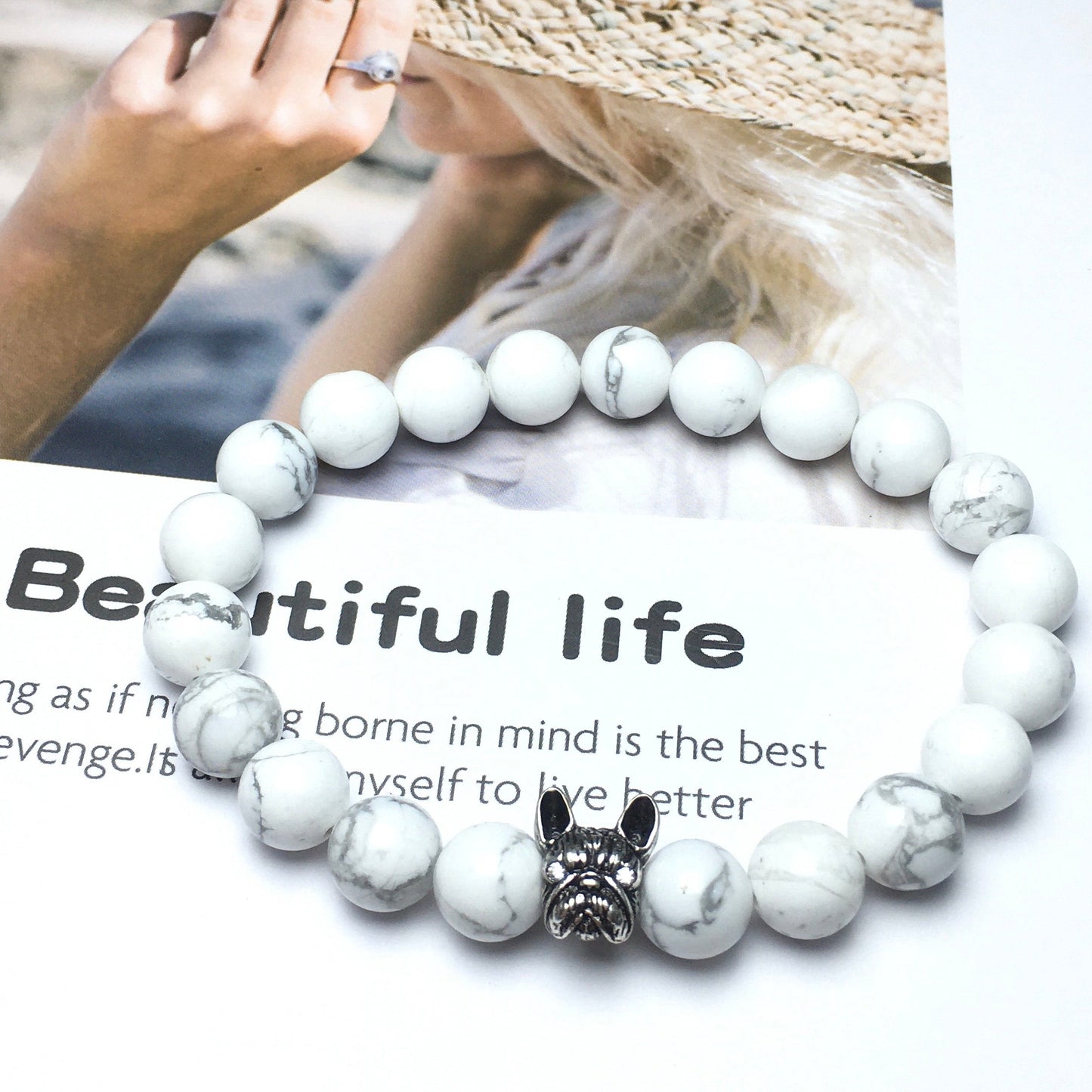 Natural Howlite Beaded Bracelet Jewelry French Bulldog Bracelet For Men Women
