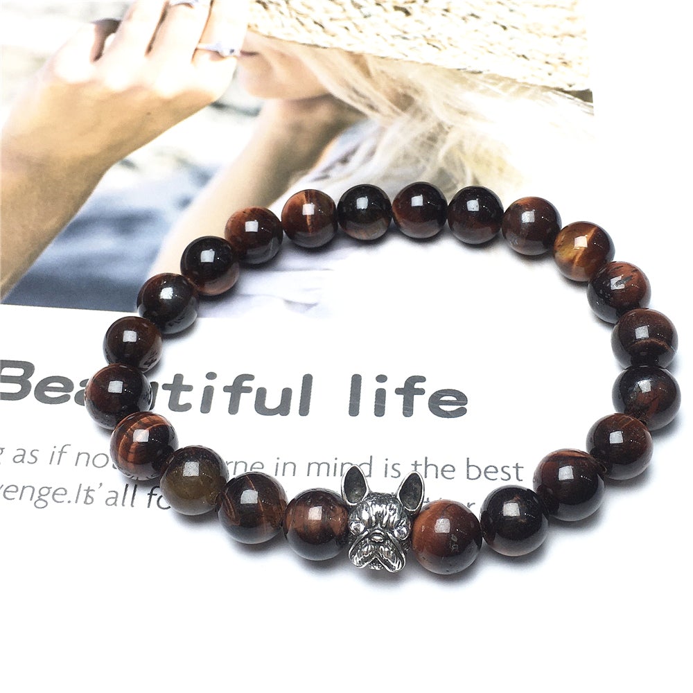 Natural Red Tiger Eyes Beaded Bracelet Jewelry French Bulldog Bracelet For Men Women