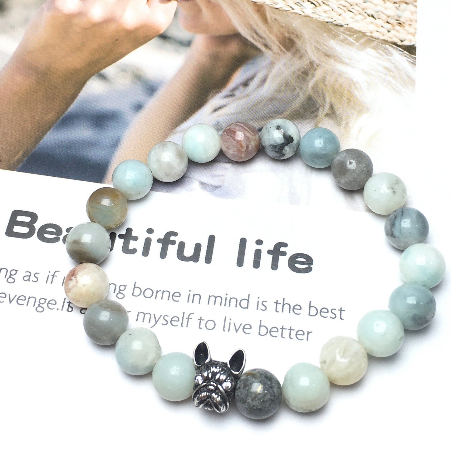 French Bulldog Bracelet For Men Women Natural Amazonite Gemstone Beaded Jewelry