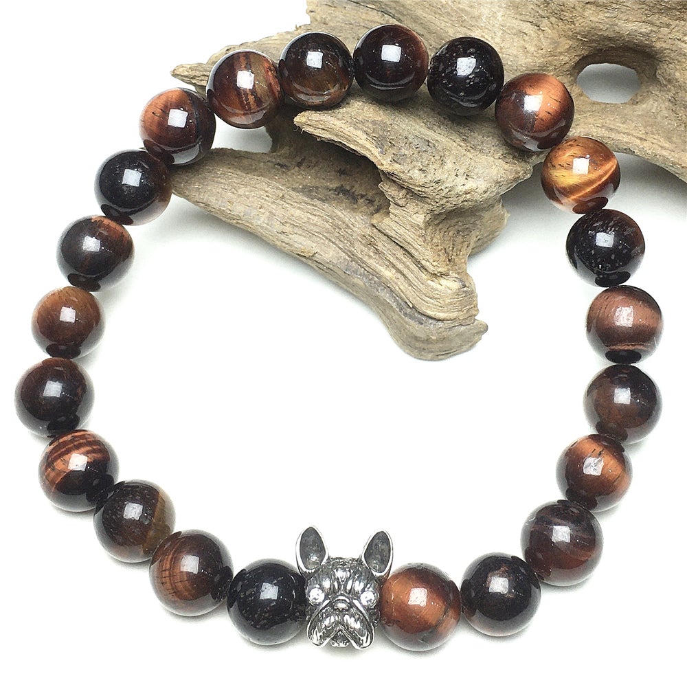 Natural Red Tiger Eyes Beaded Bracelet Jewelry French Bulldog Bracelet For Men Women