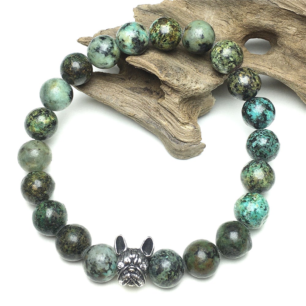 Natural African Turquoise Beaded Bracelet Jewelry French Bulldog Bracelet For Men Women