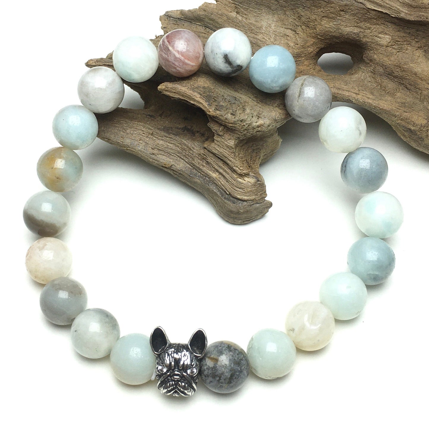 French Bulldog Bracelet For Men Women Natural Amazonite Gemstone Beaded Jewelry