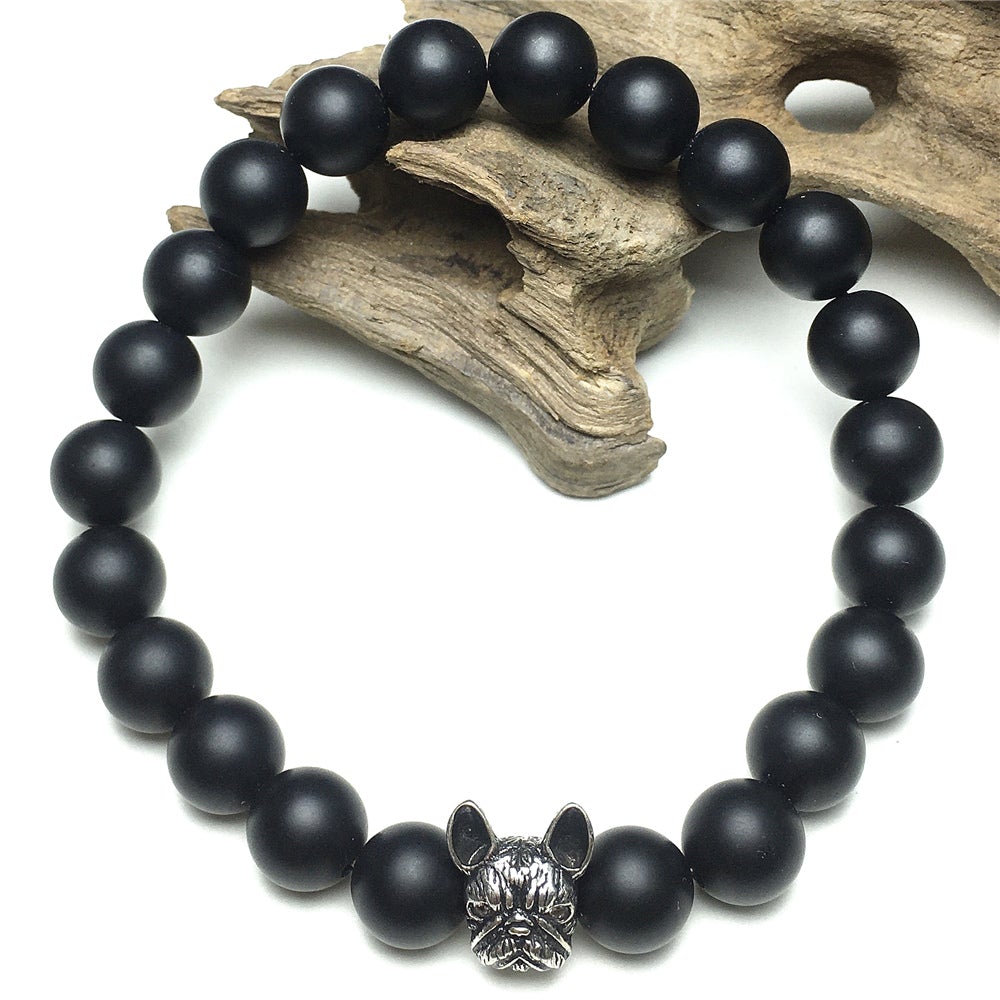 Natural Matte Onyx Beaded Bracelet Jewelry French Bulldog Bracelet For Men Women