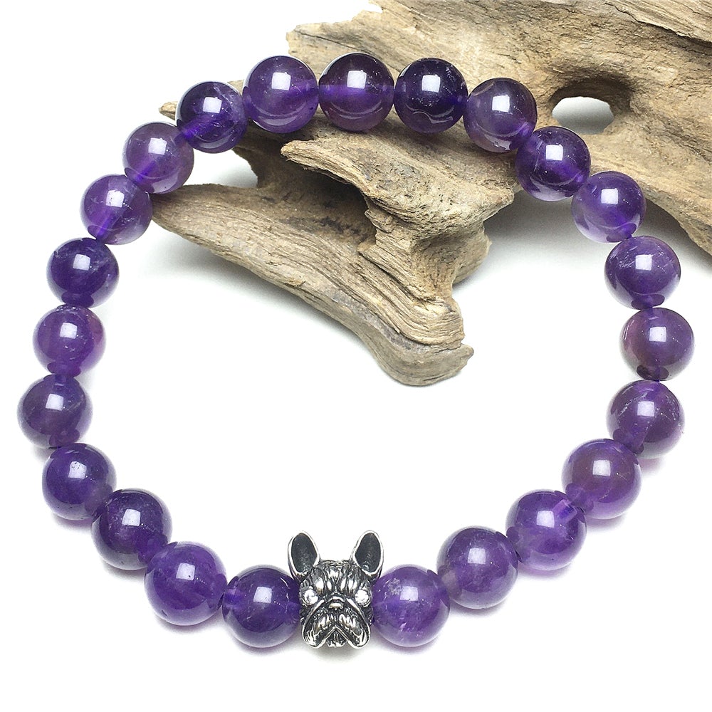 Natural Amethyst Beaded Bracelet Jewelry French Bulldog Bracelet For Men Women