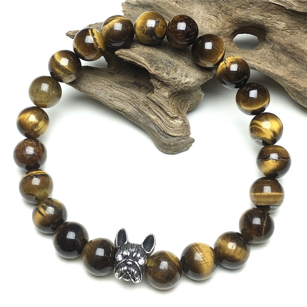 Natural Tiger Eyes Beaded Bracelet Jewelry French Bulldog Bracelet For Men Women
