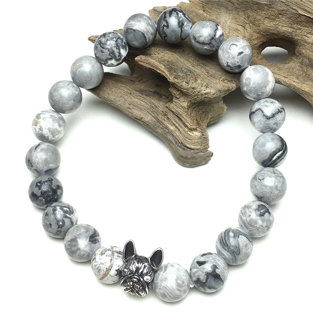 Cute French Bulldog Bracelet For Men Women Natural Map Stone Beaded Jewelry