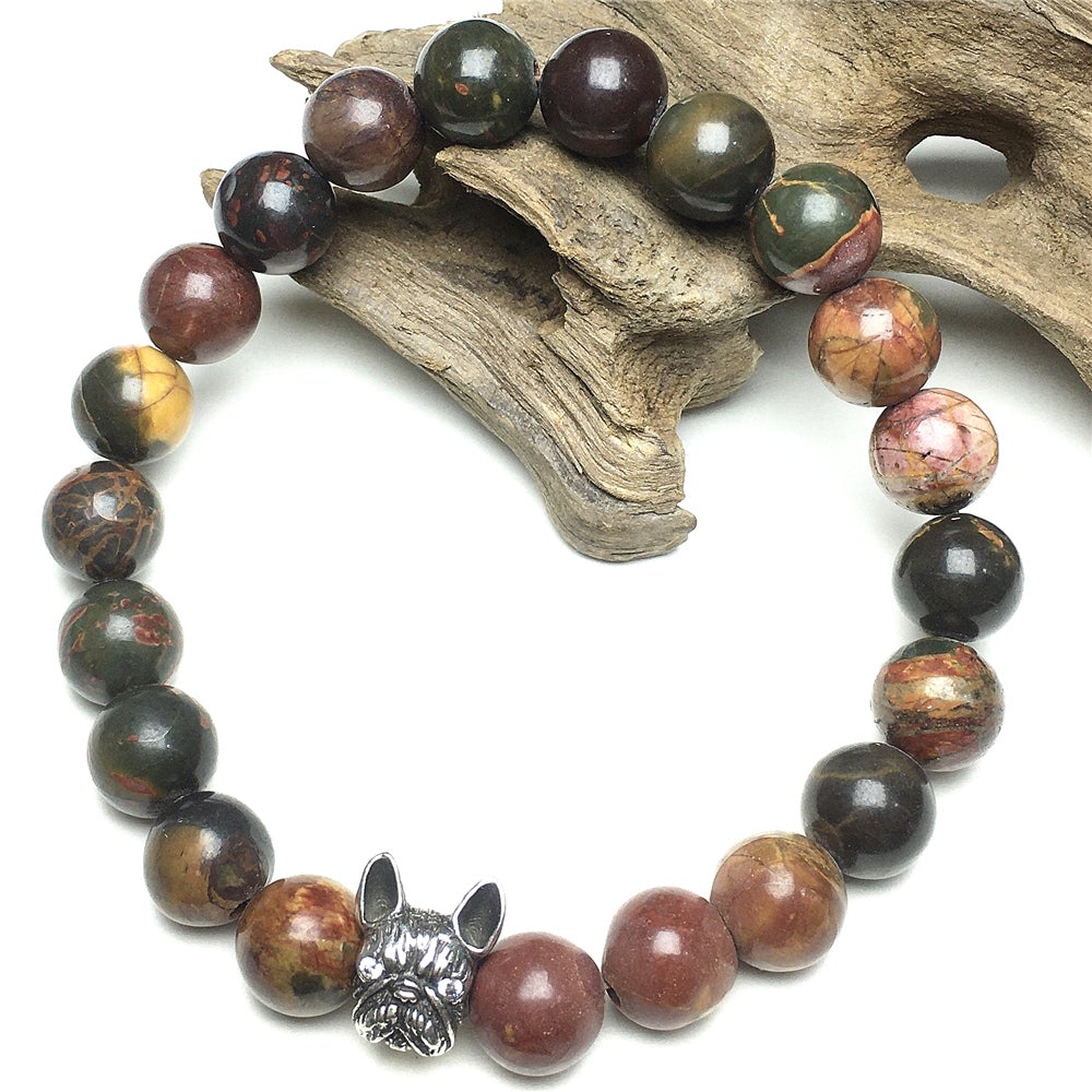 Natural Picasso Jasper Beaded Bracelet Jewelry French Bulldog Bracelet For Men Women