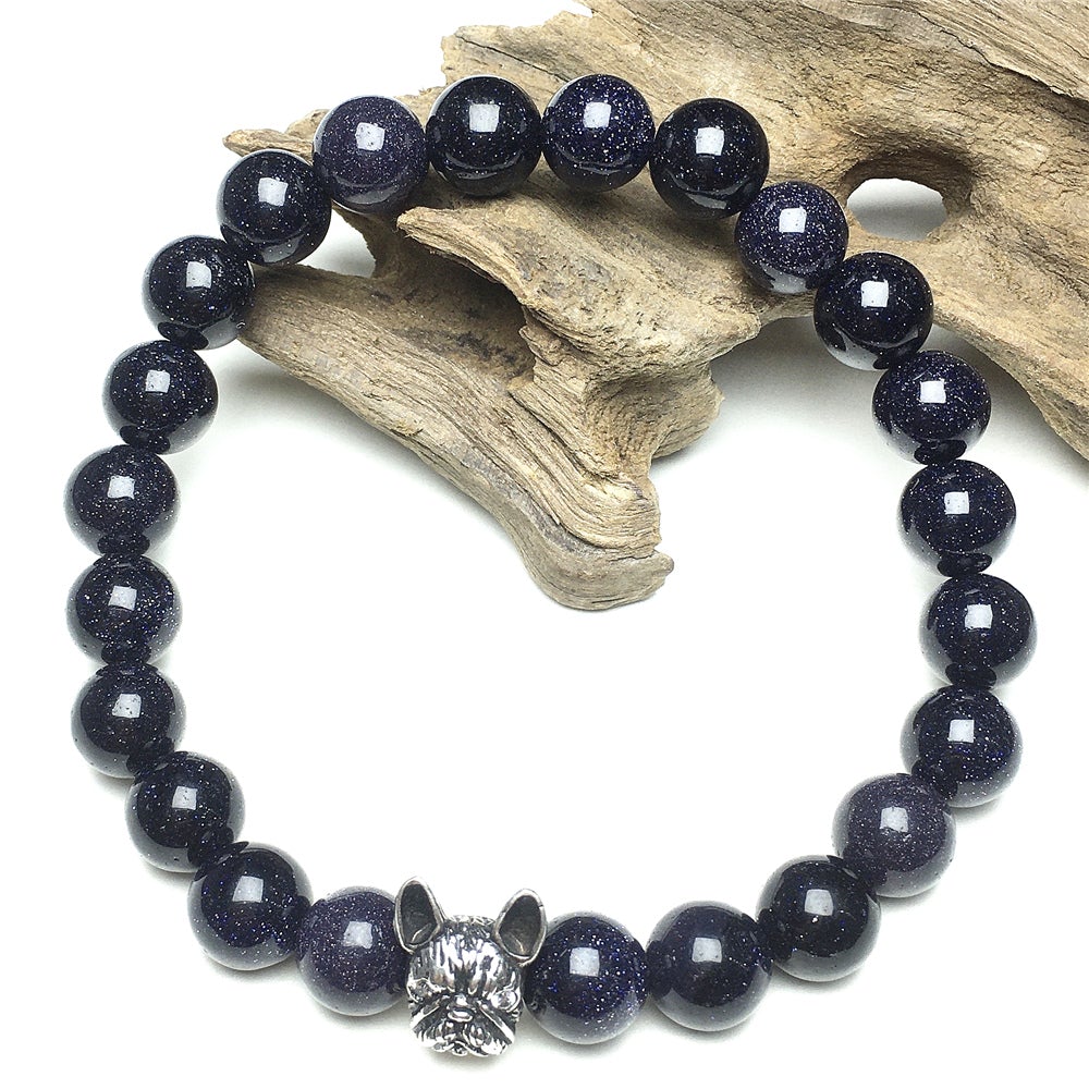 Natural Blue Sandstone Beaded Bracelet Jewelry French Bulldog Bracelet For Men Women