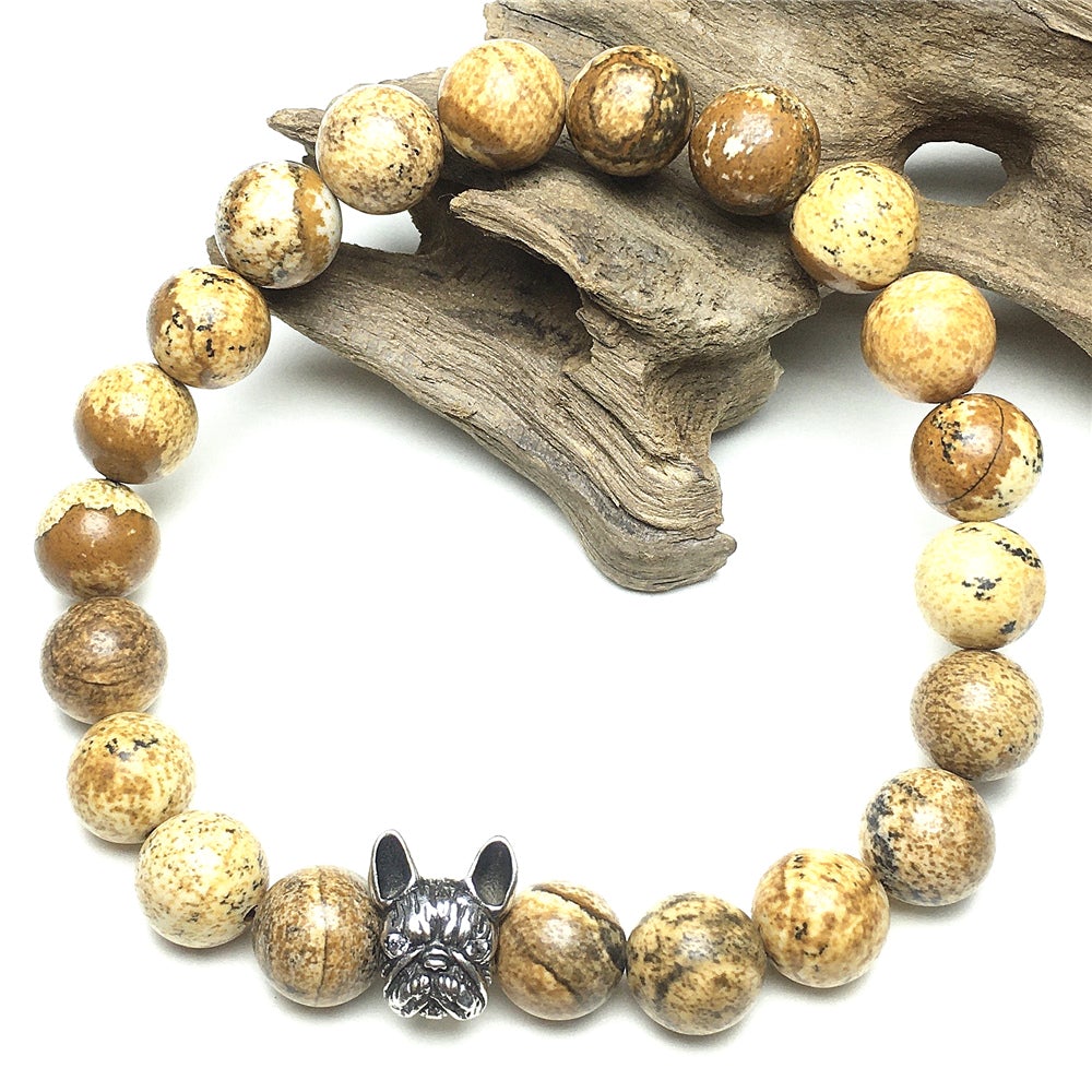 Natural Picture Jasper Beaded Bracelet Jewelry French Bulldog Bracelet For Men Women