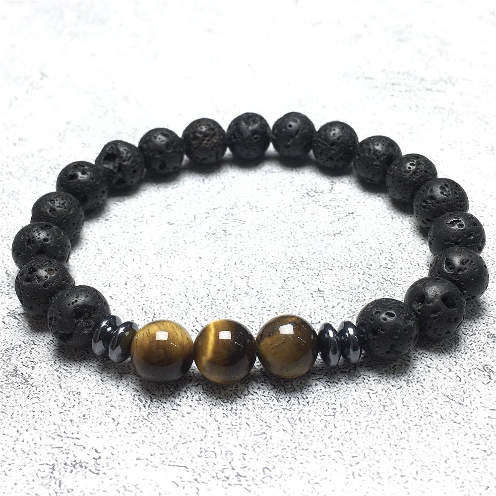 Natural Stone Bead Bracelet Lava Tiger Eye Stone Elastic Mens Bracelet Healing Bracelet