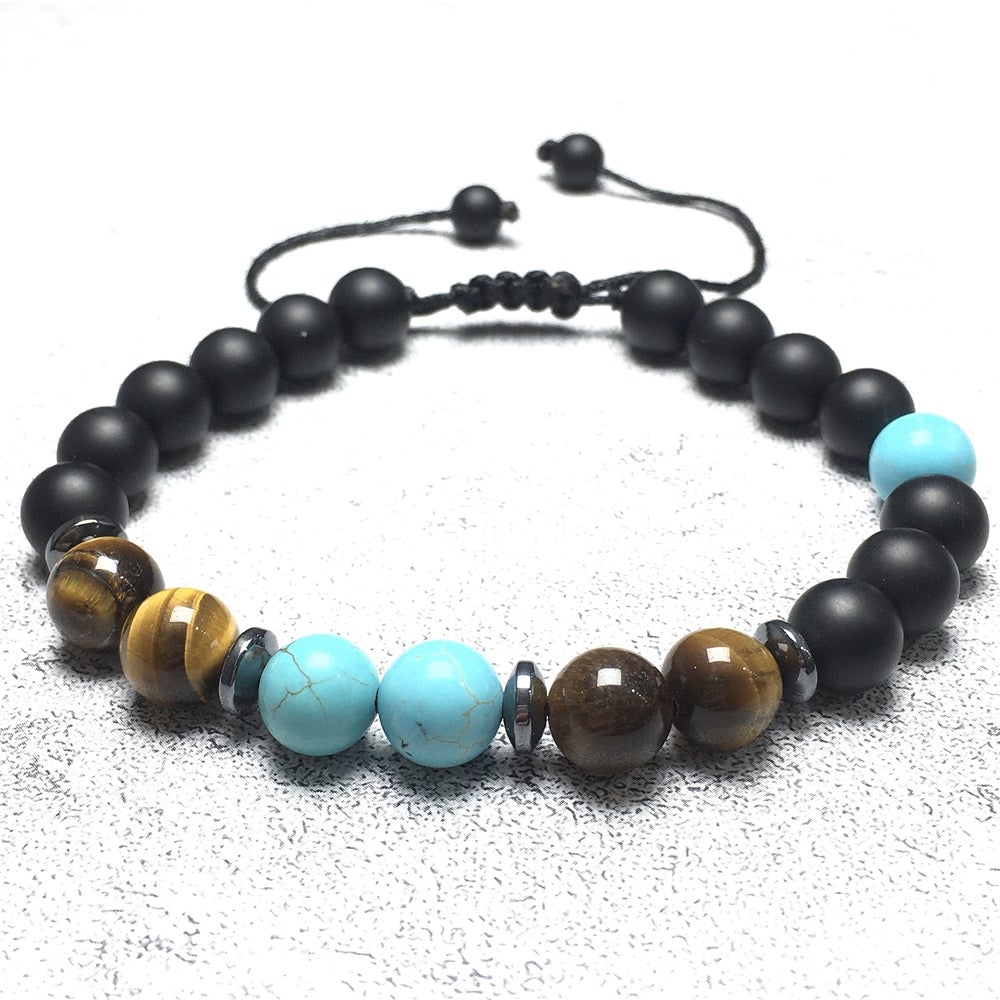 Unisex Adjustable Macrame Hand Braided Matte Onyx Tigereye Stone Healing Beads Bracelet