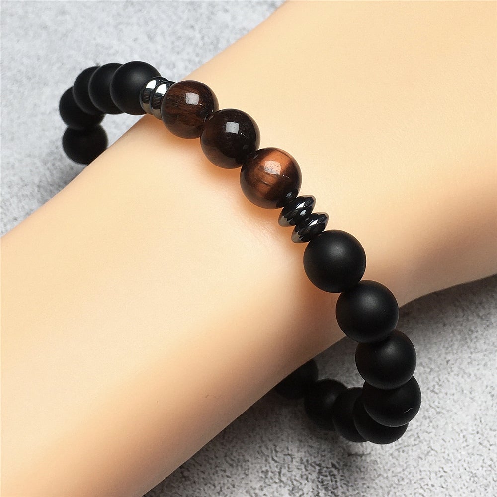 Black Onyx Red Tigers Eye Stone Beaded Bracelet Gemstone Handmade Elastic Bracelets