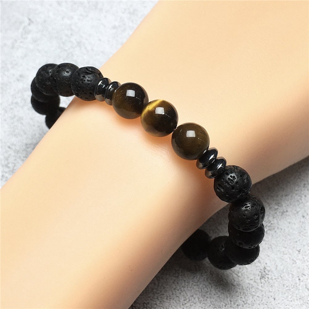 Natural Stone Bead Bracelet Lava Tiger Eye Stone Elastic Mens Bracelet Healing Bracelet