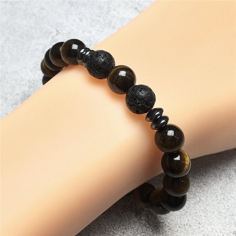 Natural Stone Bead Bracelet Tiger Eye Gemstone Elastic Mens Bracelet Healing Bracelet