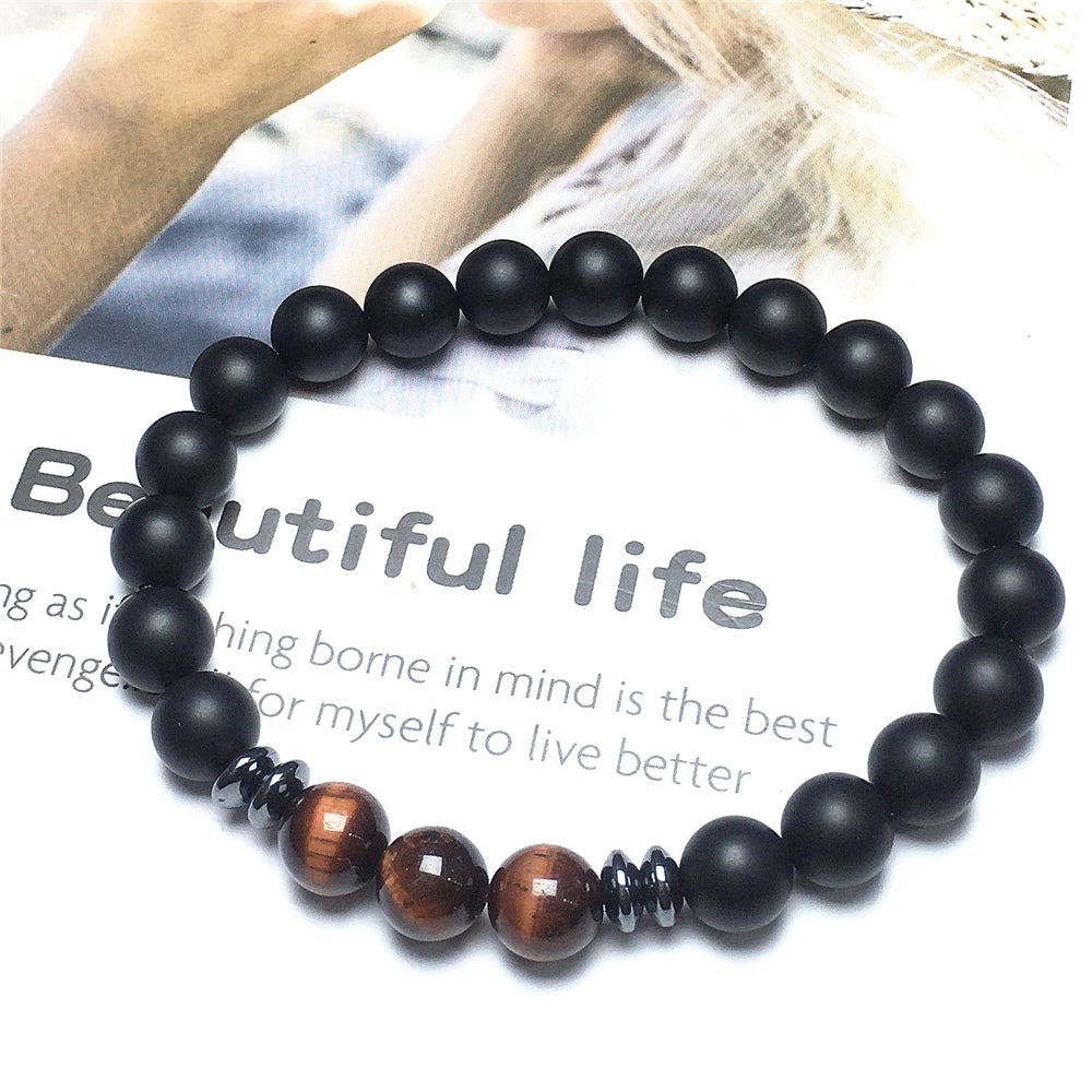 Black Onyx Red Tigers Eye Stone Beaded Bracelet Gemstone Handmade Elastic Bracelets