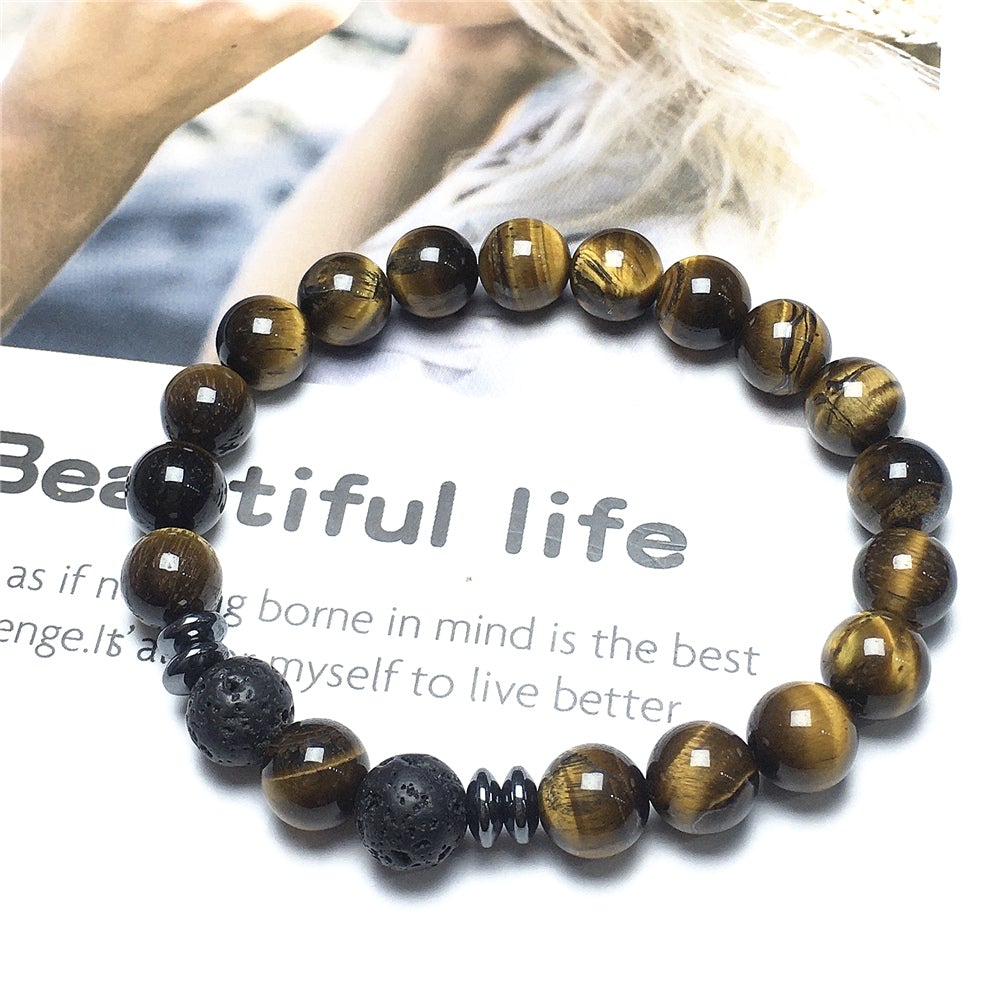 Natural Stone Bead Bracelet Tiger Eye Gemstone Elastic Mens Bracelet Healing Bracelet